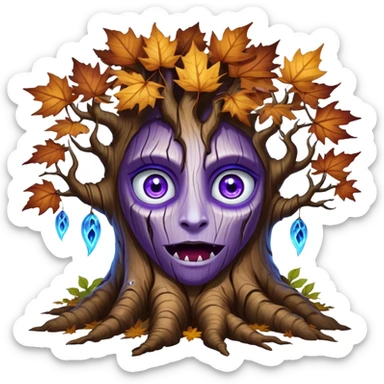 An ancient, psychic tree evolves by absorbing the essence of fallen autumn spirits, sprouting a radiant leaf, channels both forest wisdom and fiery seasonal magic through its gnarled. Purple eyes, blue eyes sharp teeth, bark wood skin, heterochromatic eyes, maple leafs sticker