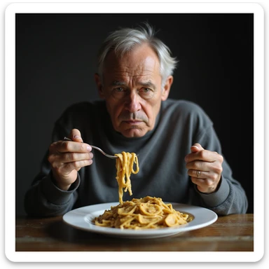a hyperrealistic 4K image of a sad man about 30 years old eating a plate of pasta, with a sad expression sticker