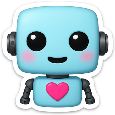 Create a transparent PNG of a cute light blue (#b0f2f8) robot with a heart on its chest, blushing, in the style of an Apple emoji. Remove the background and keep the robot's light blue color and cute features. sticker