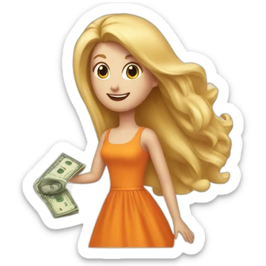 a man gives money to a girl in an orange dress with long blond hair sticker