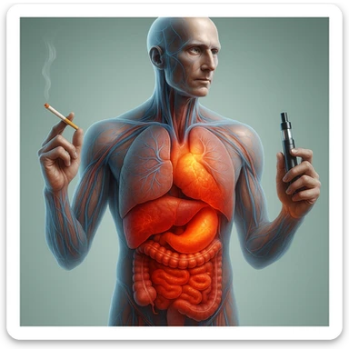 Medical illustration, hyperrealistic 4K, realistic anatomical human body, inflamed liver and intestine highlighted, holding a lit normal cigarette in the right hand and an electronic cigarette in the left hand, clear background, extremely detailed, same lighting and style as the reference image. sticker