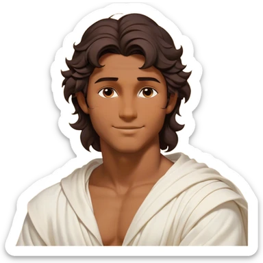 Cinematic Realistic Hercules Portrait, head tilted playfully and inquisitively, showcasing a charming blend of Disney heroic charisma and the refined grace of Michelangelo's David. His sun-kissed bronze skin and thick, wavy dark hair are rendered with classical precision, complementing a warm, inviting smile and sparkling, mischievous eyes. Clad in a softly draped white robe with subtle golden details, he exudes approachable strength under gentle, natural lighting. sticker