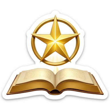 A shimmering gold book with a radiant glow, floating slightly as if under a spotlight. Its cover features a bold, star-like sigil ✨, symbolizing influence and magnetism. Light halo effects or sparkles surround it, giving off an aura of effortless charm and star power. sticker