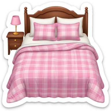  pink cozy bed with soft pillows and a fluffy blanket, neatly made, realistic  sticker