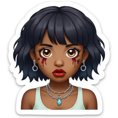 zumbi cor pele parda, piercing no nariz, dois piercings nos dois lados dos lábios, piercing no septo, cabelo médio ondulado preto e de franja sticker