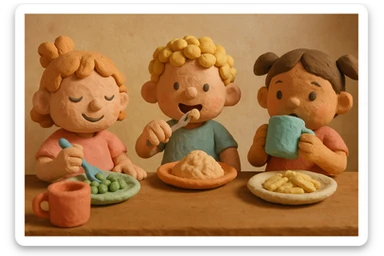 Children eating, matte, plasticine claymation with visible fingerprints and pastel colors. sticker