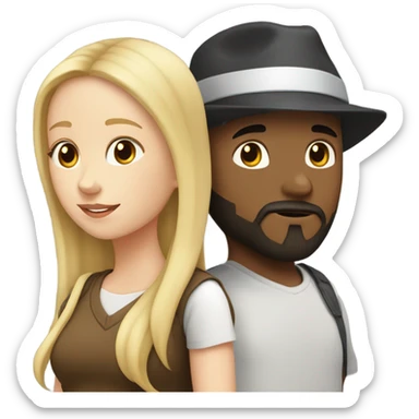 White girl with blonde hair with white boy with dark beard and hat sticker