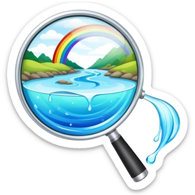 a magnifying glass with a rainbow river flowing through it and passing by sticker