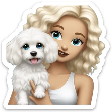 White Cute long haired Blonde and blue-eyed girl fashion nightclub outfit and holding happy white cavachon dog sticker