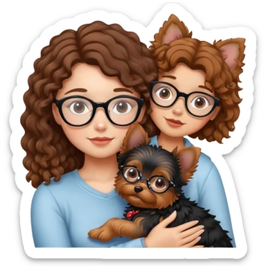 Girl with brown curly hair wearing glasses cuddling with a cute yorkie sticker