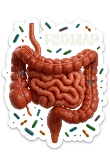 intestino umano anatomico con parole FODMAP CHE GLI FLUTTUANO INTORNO INSIEME A BATTERI INTESTINALI, iperrealistica 4k sticker