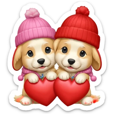 2 English cream golden retrievers cuddling with winter hats and heart in between them. Make them pale dogs . Less cartoon and no hands holding heart just a heart in between . Make them more pale and realistic looking like glossy  sticker