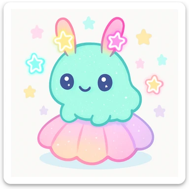 kawaii neon star glitter sea bunny, sitting on a glittery shell, surrounded by neon stars sticker