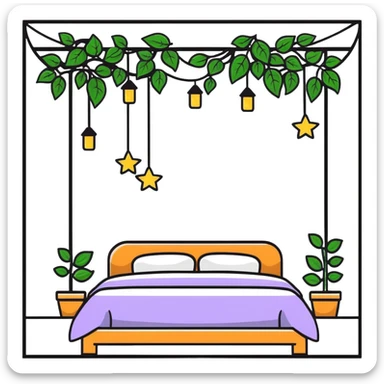 dreamy bed with twinkle lights and leafy vines hanging from above sticker