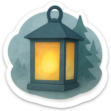 a lantern glowing softly in the misty woods, calm and dreamy feel, paper craft style sticker