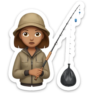 girl fishing, caught trash bag on rod sticker