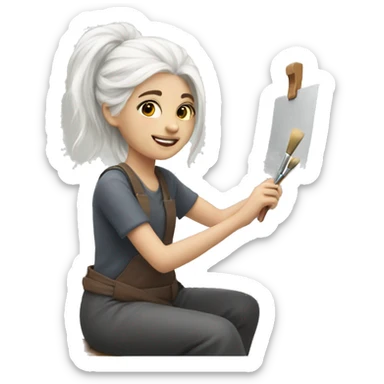 A girl with white hair is painting with a brush on a  sticker