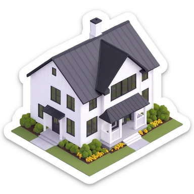 modern farmhouse with white siding, black roof and black trim, isometric exterior view sticker
