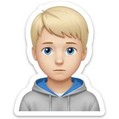 Teen boy with blue eyes and Grey hoodie standing up with blond short hair and short bangs sticker