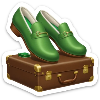 Feet with white socks wearing green slippers standing on a briefcase sticker
