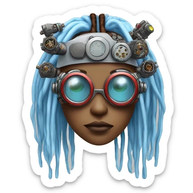 Light blue long dreadlocks female cyborg head with red steampunk goggles and circuits sticker