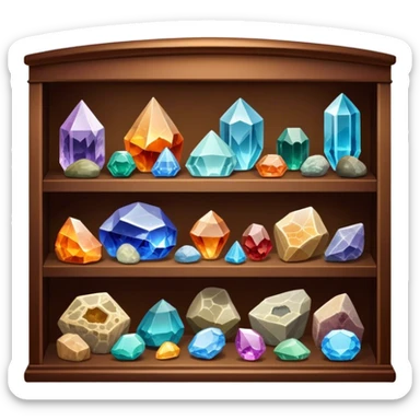 Icon for Mineral, Stone & Fossil Collecting: a display of various colorful minerals, gemstones, and fossils, arranged neatly on a table or shelf. The icon should reflect the beauty and scientific interest of collecting natural specimens. Transparent background. sticker