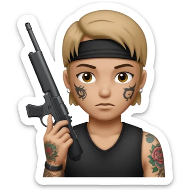 holding a gun with G 59 tattooed on the forehead  sticker