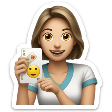 a woman handing uno reverse card looking happy sticker