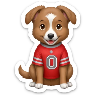 Brown Aussie dog wearing Ohio state jersey sticker