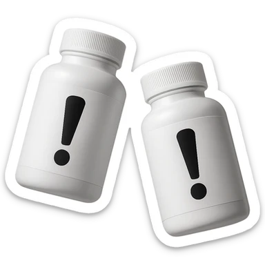 DUE BOCCETTE DI INTEGRATORI BIANCHE CON PUNTO ESCLAMATIVO NERO SULL'ETICHETTA FLUTTUANO IN ARIA, IPERREALISTICA 4K sticker