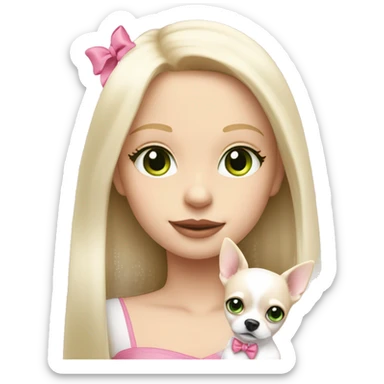 pale blond girl with long platinum hair with green eyes holding a white chihuahua puppy that wearing a pink bow sticker