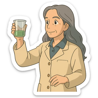 woman science teacher with long graying hair, holding a beaker, in ghibli style sticker