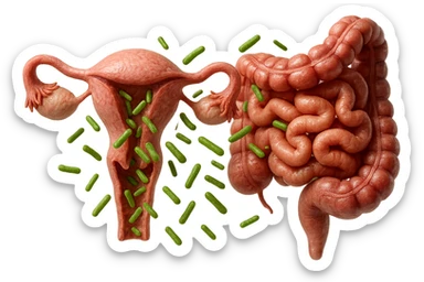 UTERO UMANO E INTESTINO ANATOMICI REALISTICI SONO UNO ACCANTO ALL'ALTRO E SI PASSANO I BATTERI A VICENDA, CON BATTERI CHE ESCONO DALL'INTERNO, IPERREALISTICO 4K, NON DISEGNATO sticker