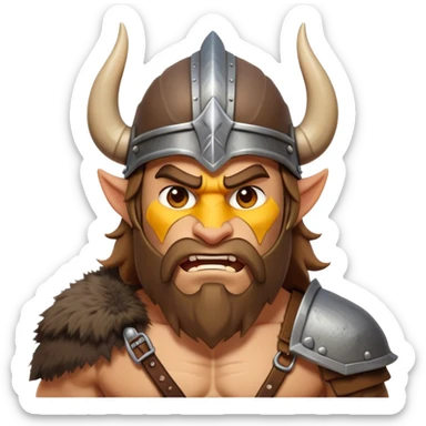 Clash of Clans aesthetic: Cinematic Fierce Barbarian Portrait Emoji, Poised and bold with a rugged yet cartoonish build in tattered furs and a horned helmet, his face rendered in a natural skin tone (not yellow), expressive bright eyes and a confident smirk, Simplified yet dynamic features, highly detailed, glowing with a vivid, adventurous aura, high shine, heroic and spirited, stylized with an air of medieval warrior charm, focused and energetic, soft glowing outline, capturing the essence of a fearless barbarian adventurer ready to lead his clan with spirited valor! sticker