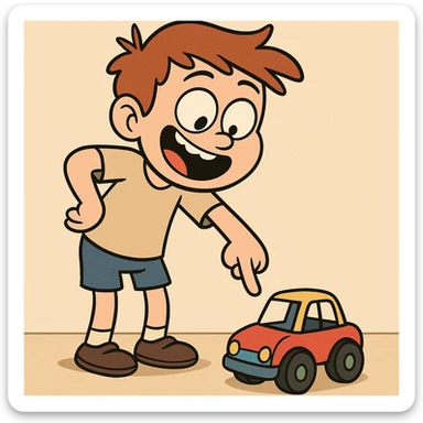 a boy pointing down at his toy, playful cartoon style sticker