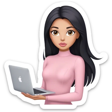 Glamours, tanned, very beautiful girl, with big pump peach-beige-rose lips, long lashes, black straight smooth silky long hair, straight parting hair, blue-grey eyes, in light-pink bodysuit holding MacBook sticker