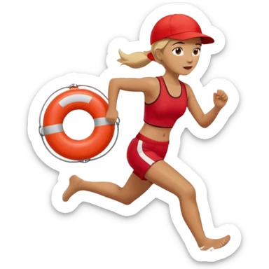 Female lifeguard – red cap, running along shore with rescue buoy sticker