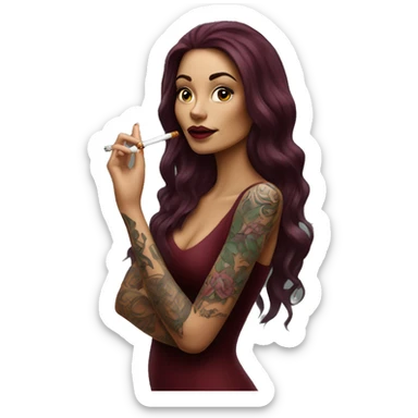 Beautiful tattooed burgundy long haired woman smoking a cigarette sticker