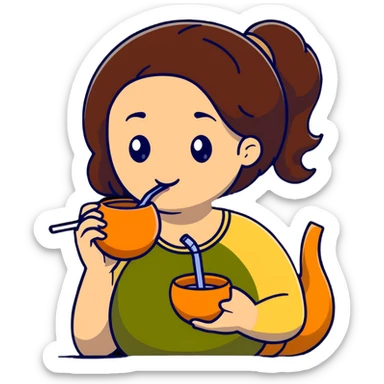 brunette woman drinking mate from a gourd with a bombilla straw, cute and expressive sticker