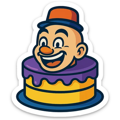 cartoon style cake with an exaggerated smiling face of Bald Qiang, featuring Bald Qiang's iconic hat on top sticker