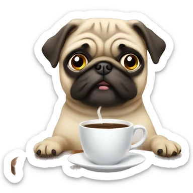 Pug drinking coffe sticker