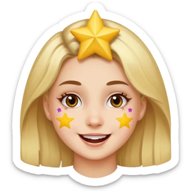 A girl with star-shaped cheek paint, cheering with bright eyes. sticker