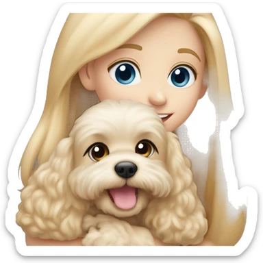 New year Blonde girl with very long straight hair and blue eyes is hugging a small caramel maltipoo and the dog is smiling  sticker