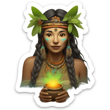 shaman woman with Polish features with ayahuasca brew sticker