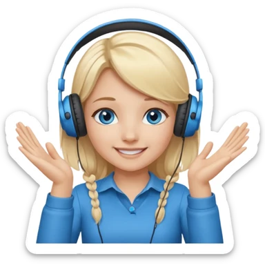 girl with blonde hair and blue eys, having on ears heaphones, with heands telling what  sticker