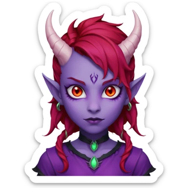 Demon Girl Purple Skin Dragon Horns Black Eyes Red Glowing Pupils Auburn Haired Red Shirt  sticker