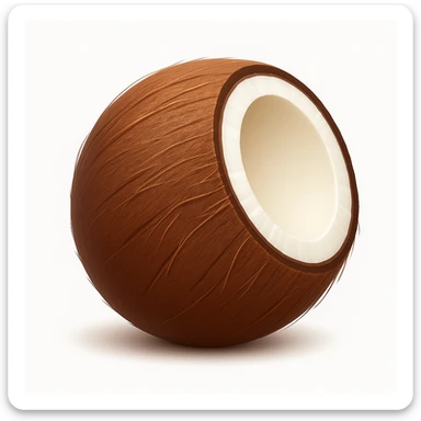 Create a coconut emoji that looks exactly like the reference image in the style of iOS emojis. The emoji should have a 3D appearance with shiny, smooth gradients, soft shadows, and a realistic coconut texture, capturing the classic emoji look. Add a soft shadow under the coconut. sticker