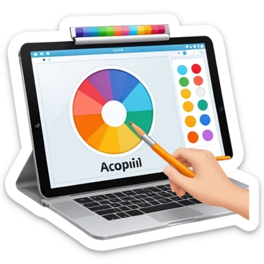 digital screen showing a basic logo being edited, with vector handles and a color palette sticker