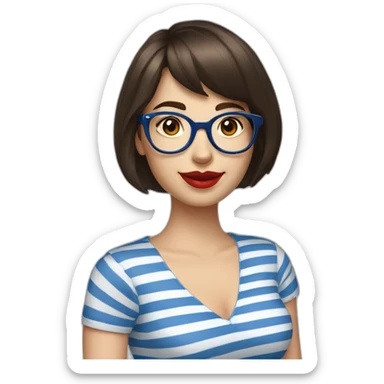 caucasian woman with retro glasses, dark brown hair, a bob haircut, bangs, red lipstick, blue and white striped t shirt sticker