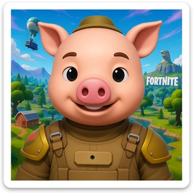 Add a Fortnite battle royale background behind John Pork, featuring iconic Fortnite scenery such as recognizable landmarks, vibrant colors, and dynamic elements from the game environment. sticker